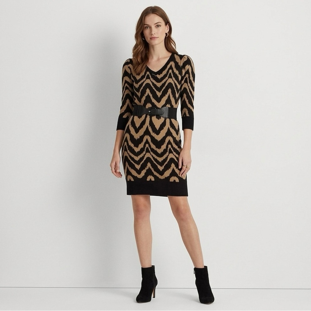 AB Studio Black and Tan Zigzag Knit Midi Dress